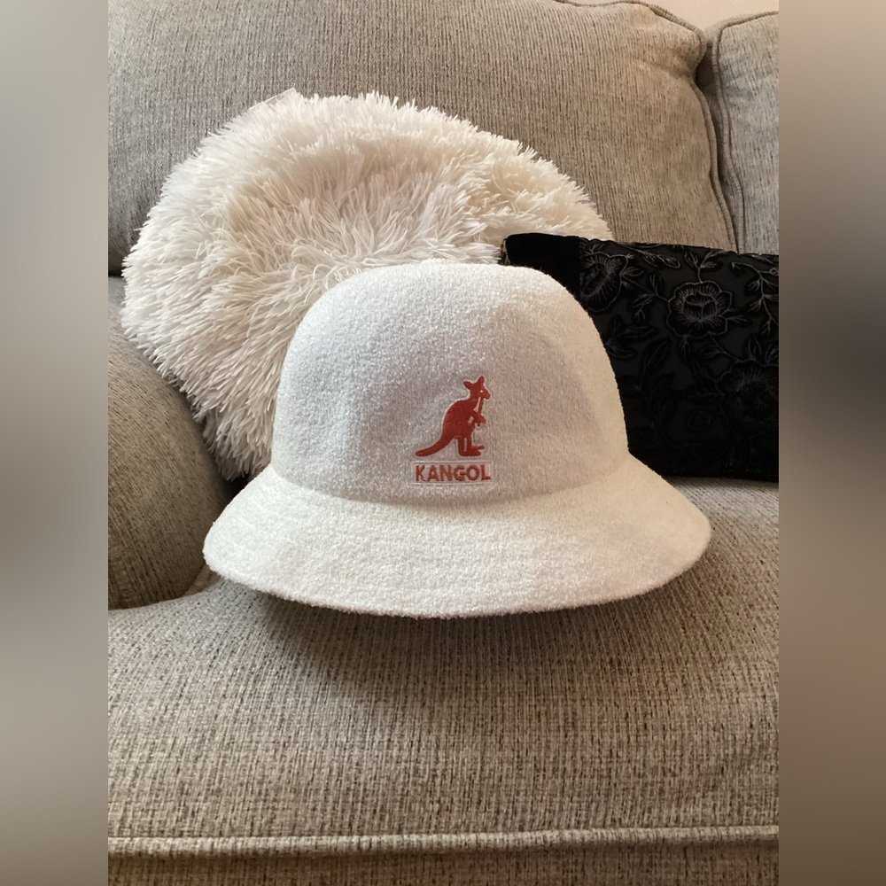 Kangol White Bucket Hat with Red Logo